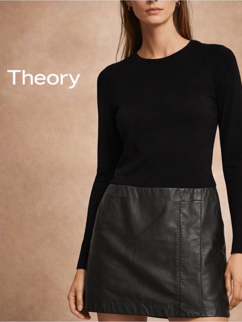 Theory Leather Skirt Knit Top Combo Dress Black Minimalist Size 2